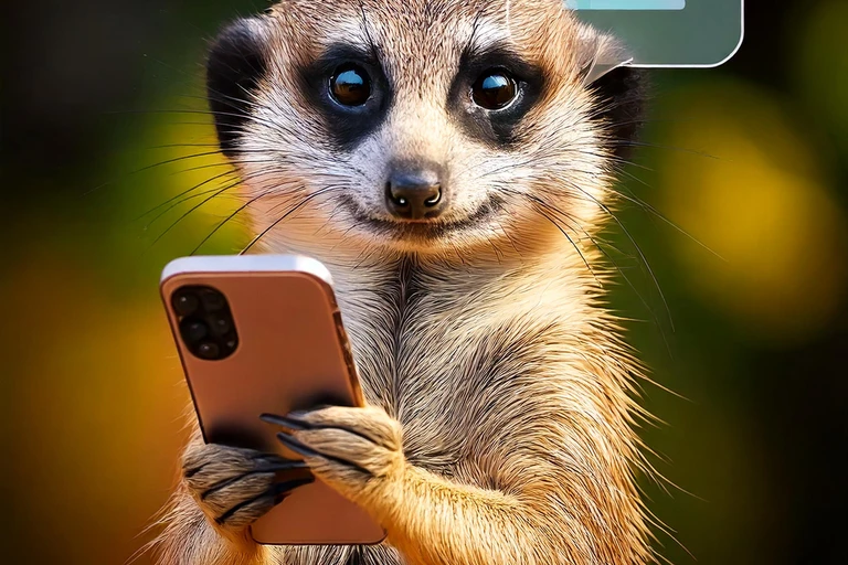 Meerkat using a smartphone to chat